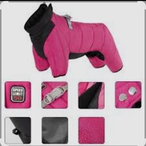 NWT Pink Puffy Dog Snowsuit with Reflective Patches, leg snaps, & Handle/Ring